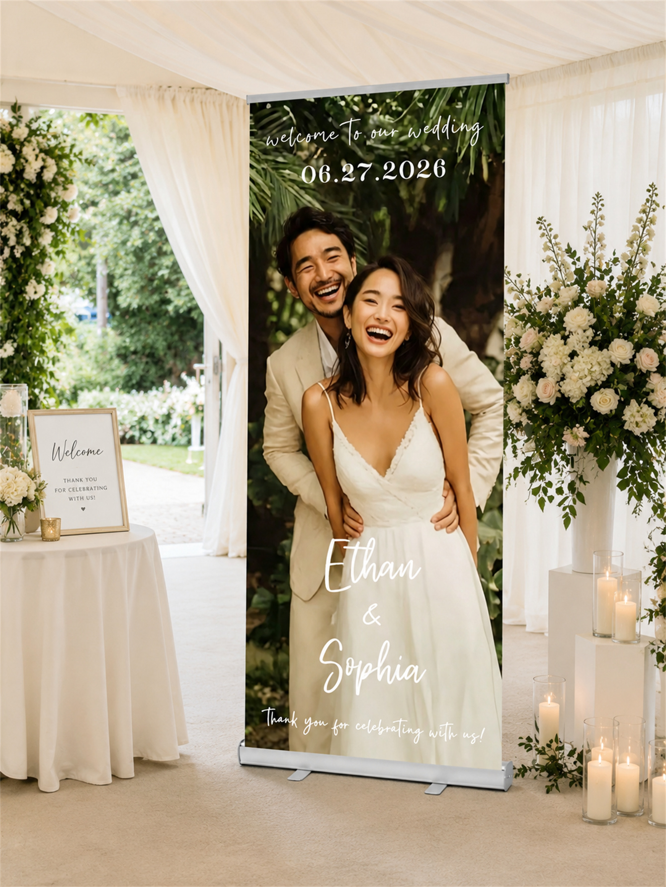 婚礼定制伸缩横幅 – 个性化婚礼欢迎牌、接待装饰和背景幕布